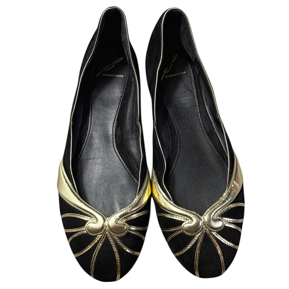 10/41 Brian Atwood Black Gold Italian Flats Velvet-Like Statement Shoes